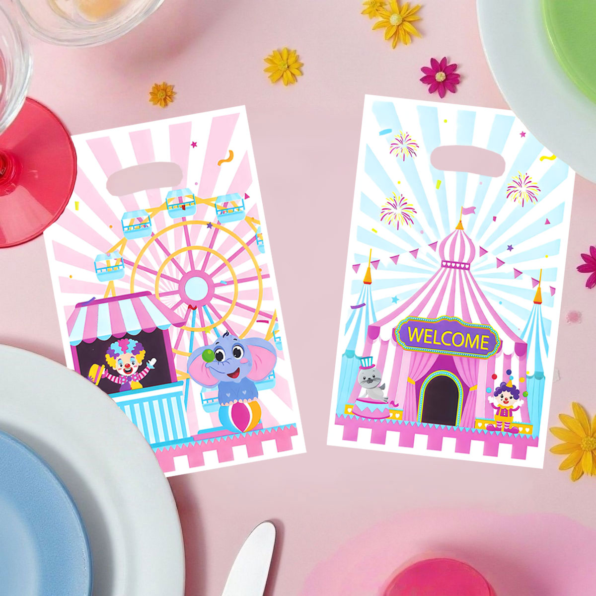 The Wedding Supply Store - 20個/40個入りパーティーギフトバッグ、遊園地やサーカスをテーマにしたギフトバッグ、ピエロとゾウのデザインが特徴、誕生日、フェスティバル、パーティー、イベント、ギフト包装袋、パーティー記念品包装袋、イベントやパーティー用品、オフィスギフトに最適、持ち運びが簡単、保管も簡単。