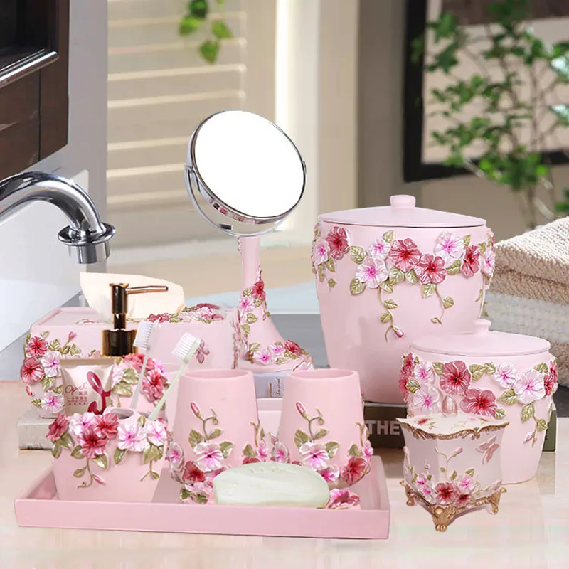 Wedding Bathroom Supply Kit - 5点セットのバスルームセット、ヨーロッパ風洗面用品キット、ウェディングギフト、トレイ、化粧鏡、ティッシュ