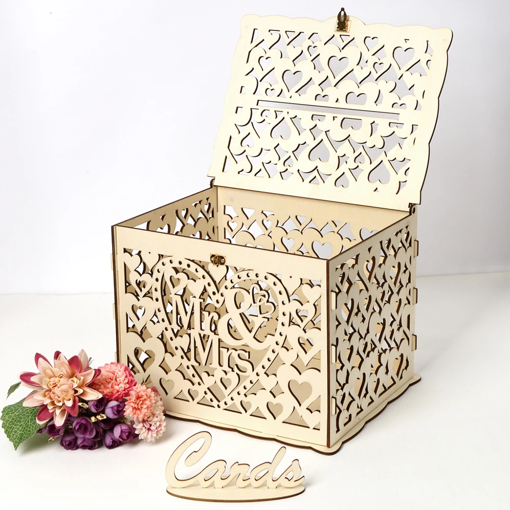 Wedding Supply.Box - 木製の結婚式のカードボックス、封筒のサインカード、花のパターン、DIYの装飾用品、mrとmrs