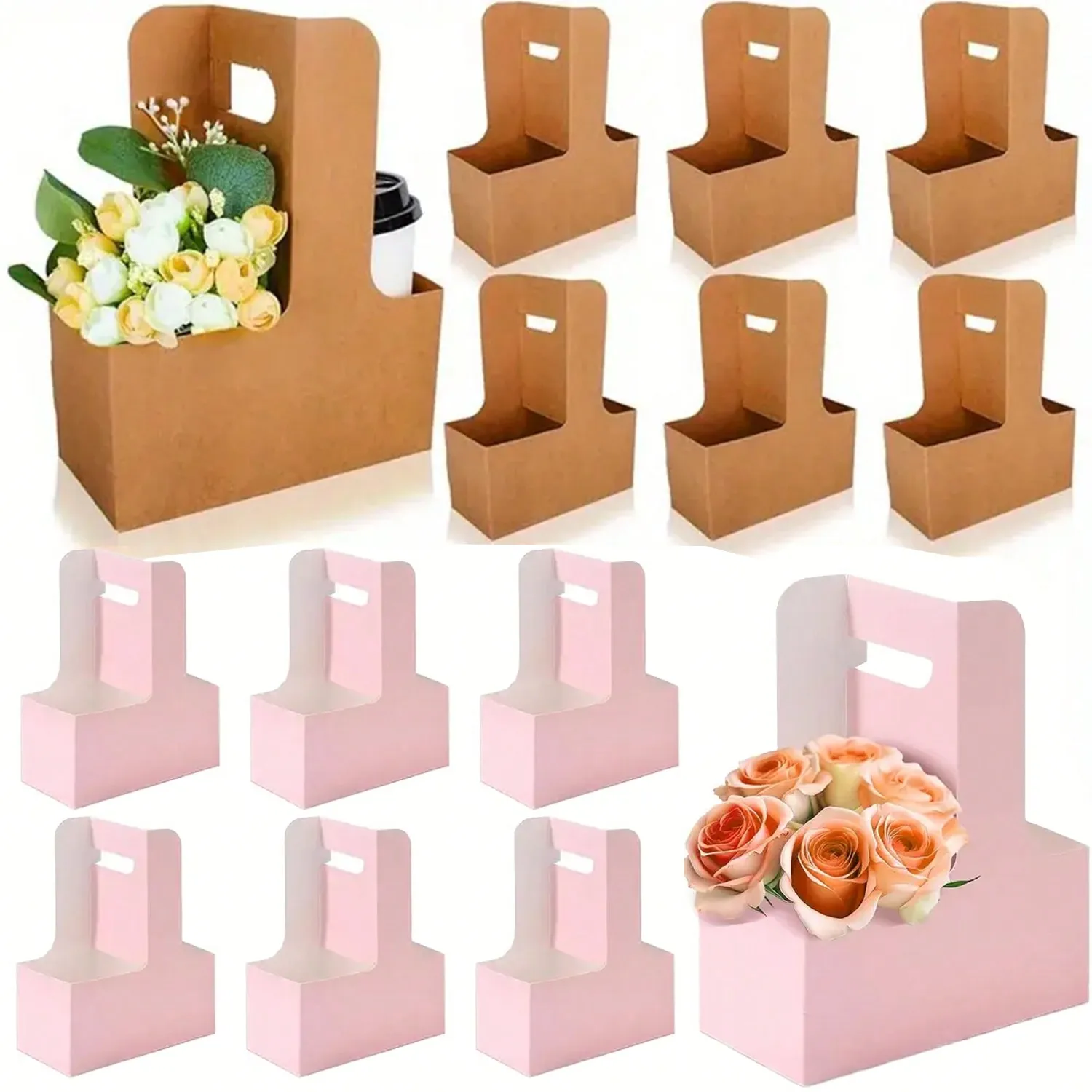 Wedding Hampers - クラフト紙フラワーブーケギフトバッグ紙素材、ハンドルドリンクキャリア花ラップ梱包箱ペーパーホルダーバスケット