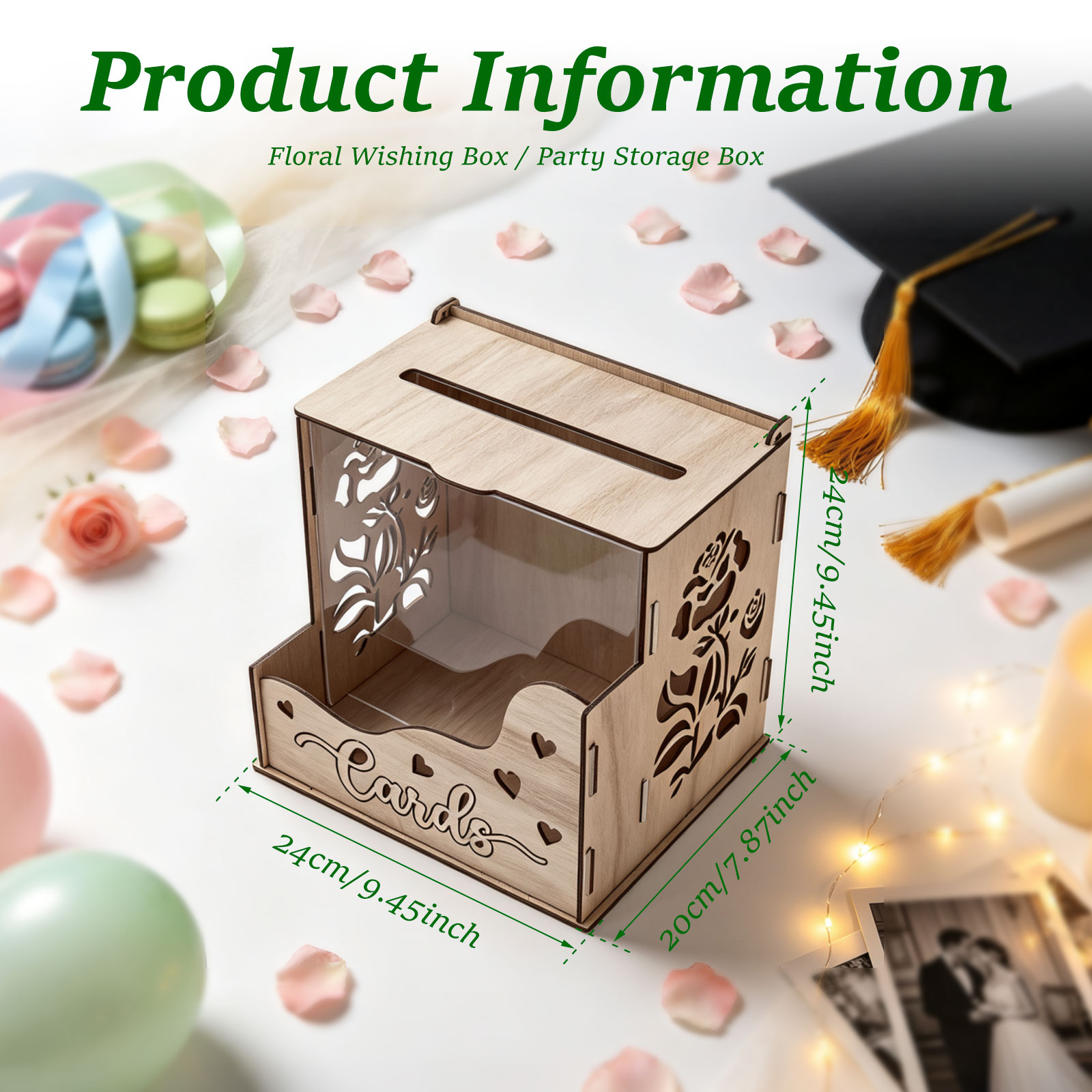 木製パーティーカードボックス アクリル窓とフラワートラフ付き - Wedding Card Box のレビューと価格