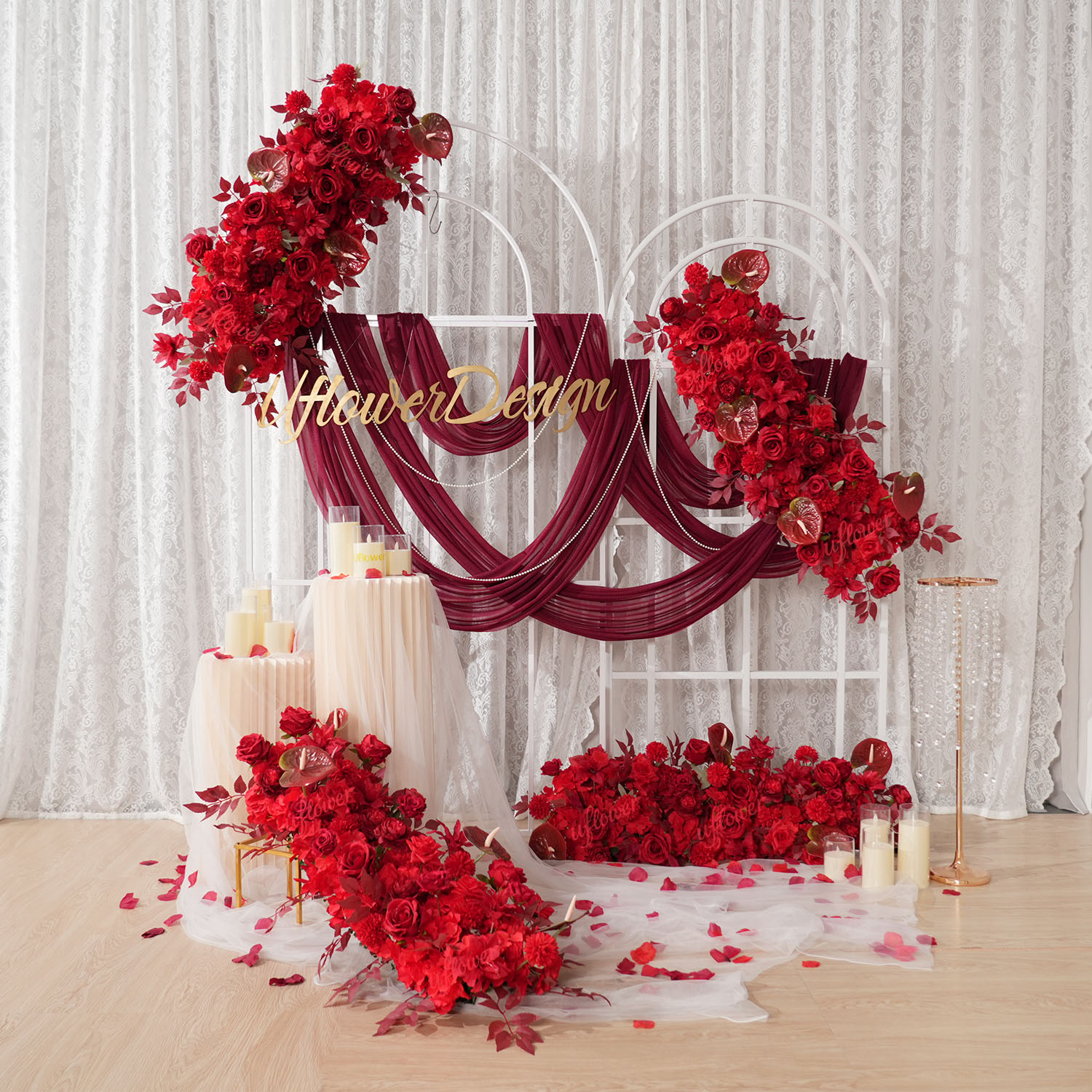 Uフラワー レッドフラワー列 ウェディングアーチ装飾背景 テ - Wedding Arch Flower のレビューと価格