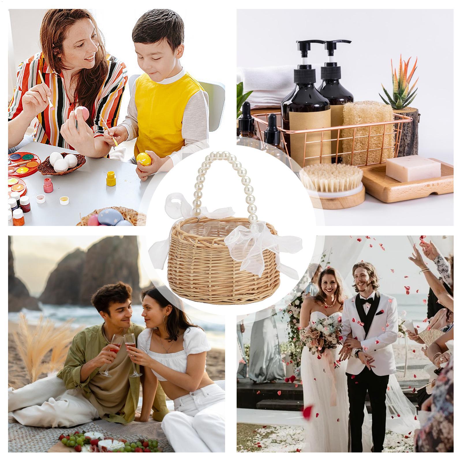 1つの籐製フラワーチャイルドバスケット、パールハンドルとリボ - Wedding Hampers のレビューと価格