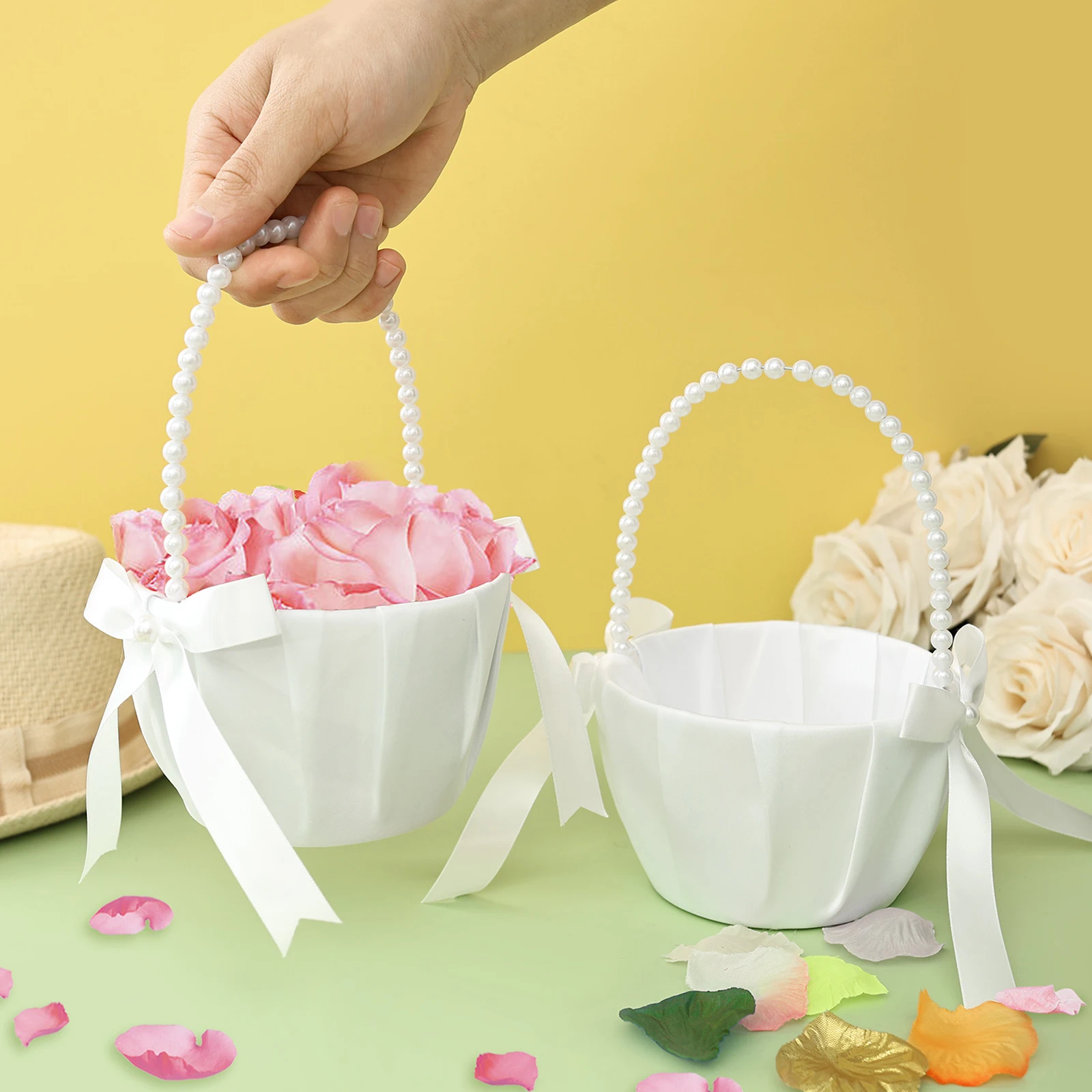 2個セット ウェディングフラワーガールバスケット 蝶結びサテ - Wedding Hampers のレビューと価格