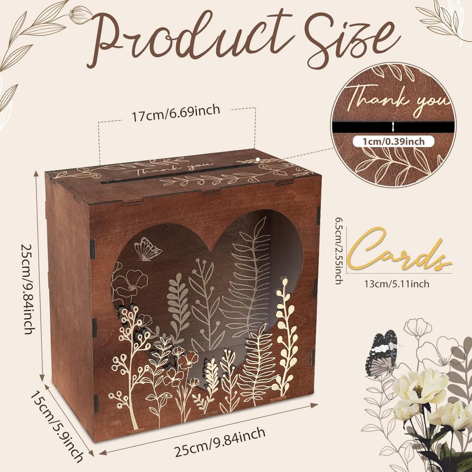 結婚式のレセプション用ブラウンカードボックス、ハート型窓付き - Wedding Card Box のレビューと価格